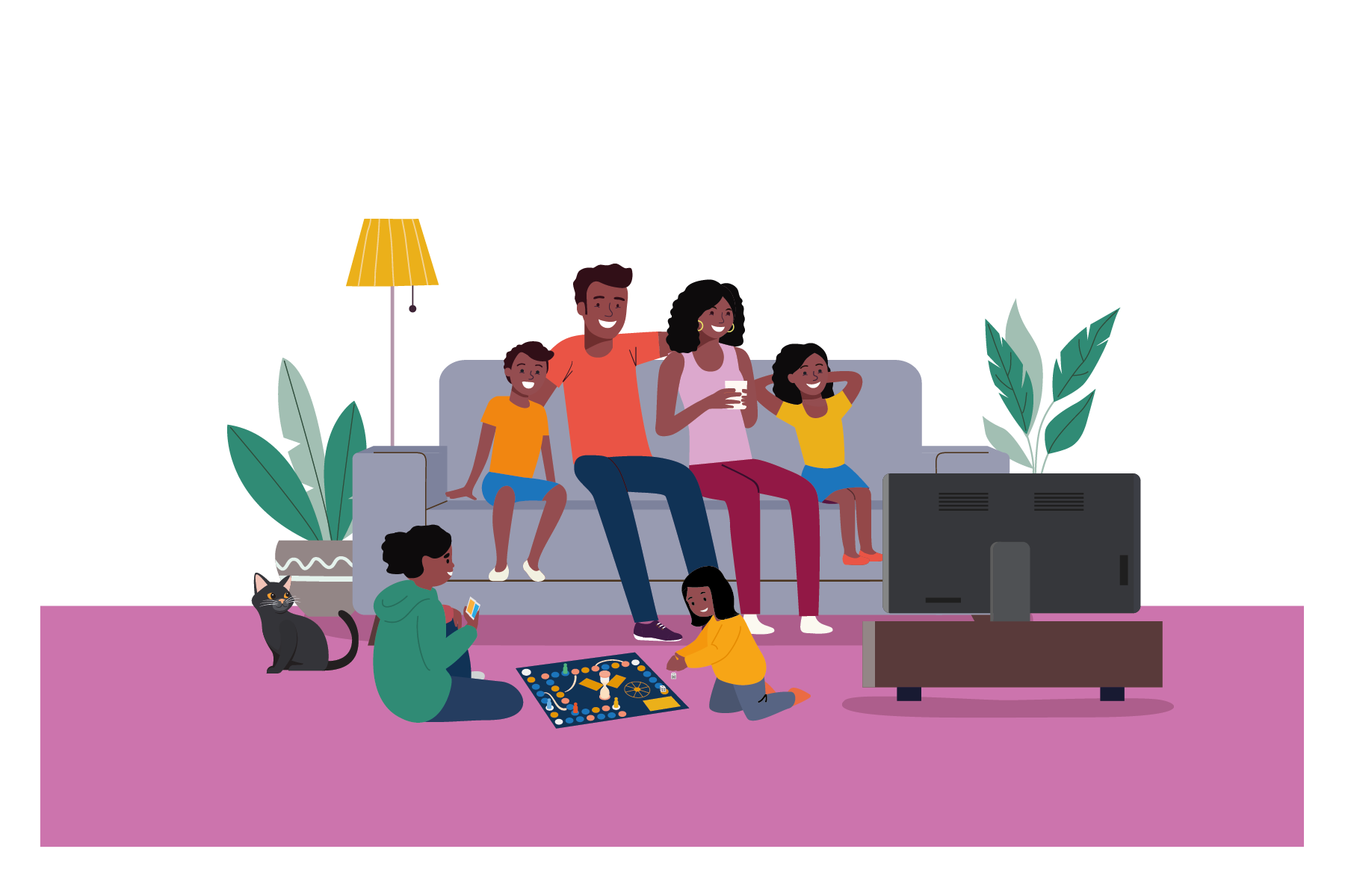 An illustration of a family sitting on a sofa in a home, watching the TV