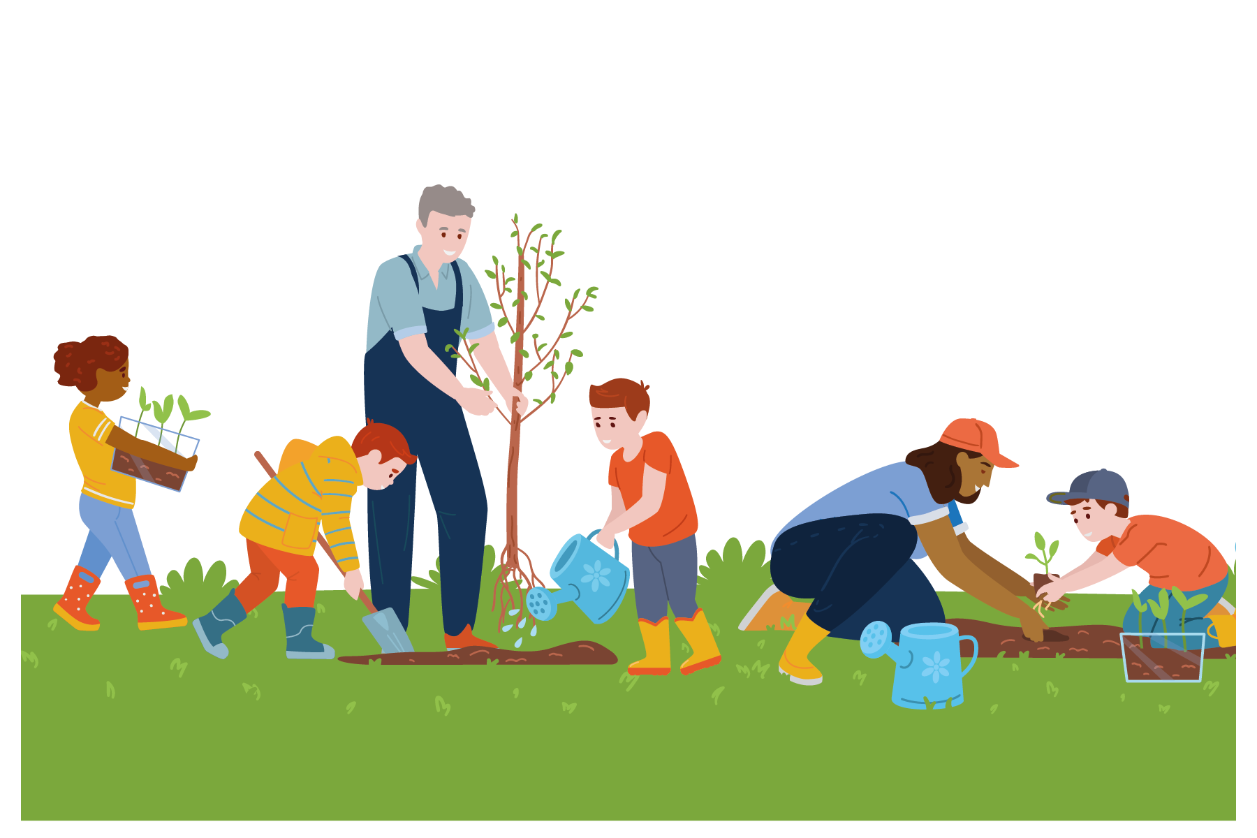 An illustration of a group of children and two adults planting trees and gardening