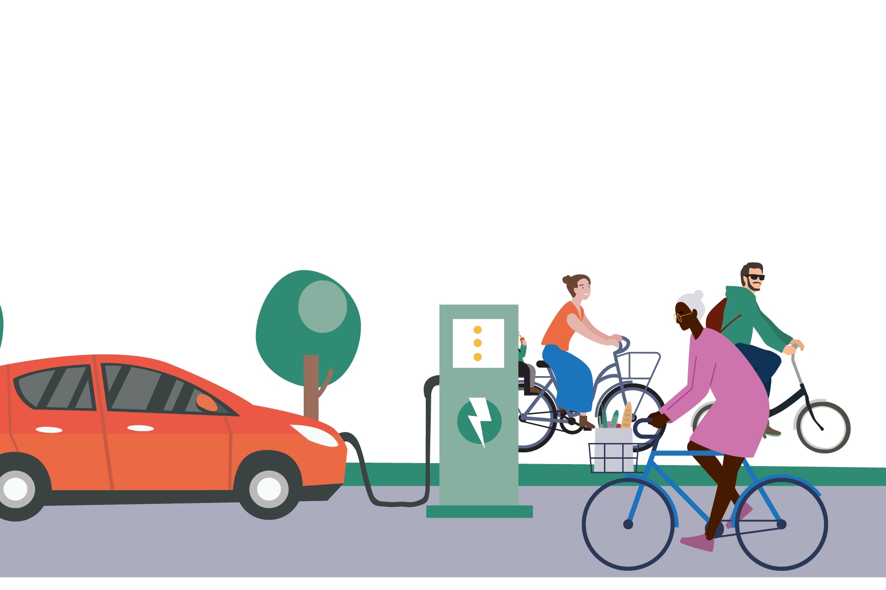 An illustration of an electric red car charging and three people on bikes