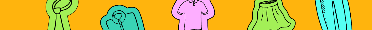 An orange header decorated with coloured school clothing illustrations